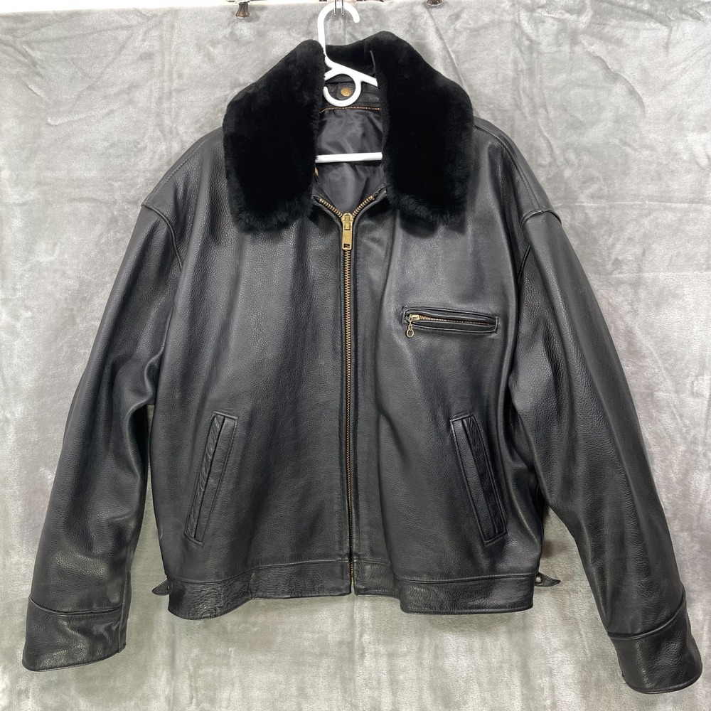 Vintage Schott Leather Jacket Men's Size 52 Black Heavy Bomber Fur Collar Vented